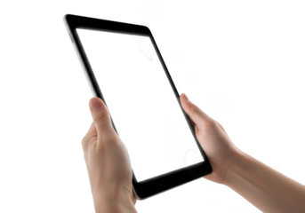 A modern electronic tablet device held by two hands showcasing a sleek design and reflective screen isolated on transparent background