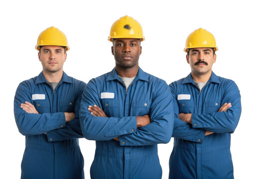 Three diverse construction workers wearing yellow hard hats and blue coveralls stand with arms crossed isolated on transparent background - Powered by Adobe