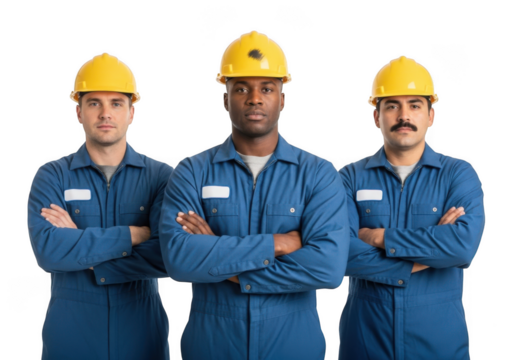 Three diverse construction workers wearing yellow hard hats and blue coveralls stand with arms crossed isolated on transparent background