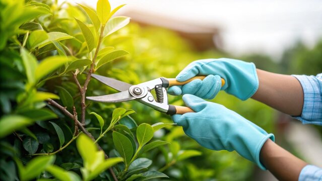 hands in light blue gloves carefully pruning a garden hedge with small hand shears under bright summer sunlight close-up on gardening
