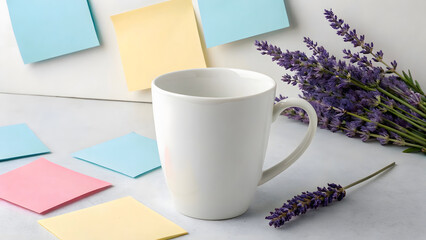 White ceramic mug with lavender and sticky notes image