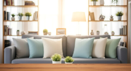 Close-up of an empty wooden table with a soft-focus background of a cozy living room and a styled bookshelf