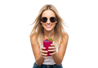Smiling young woman wearing sunglasses holding a refreshing pink beverage with a lime garnish isolated on transparent background