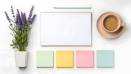White Desk Setup with Lavender Coffee and Sticky Notes