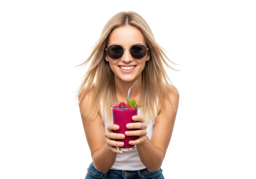 Smiling young woman wearing sunglasses holding a refreshing pink beverage with a lime garnish isolated on transparent background - Powered by Adobe