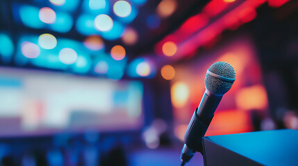 Blurred background of a speaker's podium