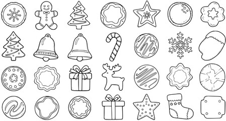 Christmas Holiday Winter Line Art Doodle Icons Set. Hand-drawn Festive Sketch Collection of Gingerbread, Trees, Bells, Cookies, Gifts, Stockings, Candy Cane  Snowflake