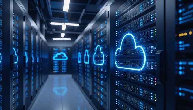 Futuristic data processing hall with glowing blue neon cloud and server rack system