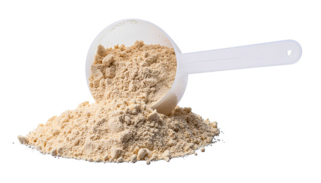 Plastic scoop overflowing with protein powder on transparent background