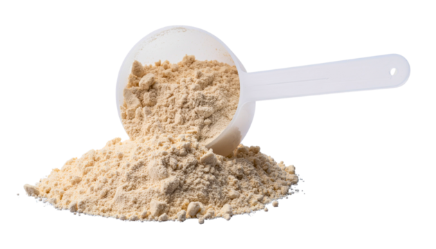 Plastic scoop overflowing with protein powder on transparent background