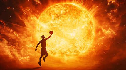 Basketball player silhouette, vibrant solar flare backdrop. High quality