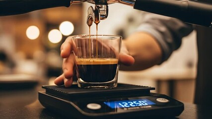 Barista precisely measures espresso shot on a digital scale for perfect coffee.