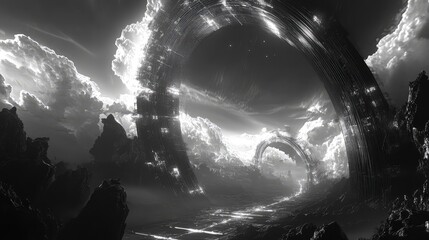 Futuristic ring world megastructure on alien landscape