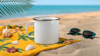 White enamel mug mockup on yellow beach towel with shells