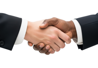 Close up of two diverse hands clasped in a firm handshake symbolizing agreement and partnership isolated on transparent background