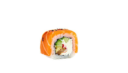 Salmon sushi roll with rice, cream cheese, and vegetables