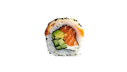 Sushi roll with salmon, avocado, cucumber, and rice on black