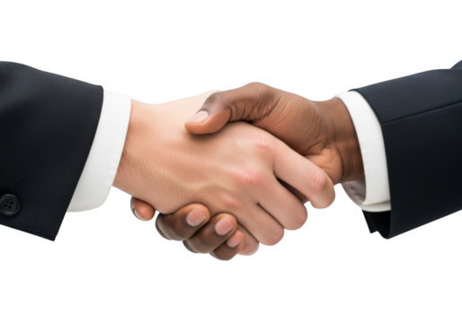 Close up of two diverse hands clasped in a firm handshake symbolizing agreement and partnership isolated on transparent background