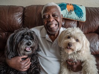 Happy African American senior man smiling with his two small dogs on a brown leather couch