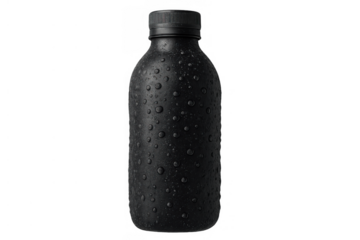 Black matte drink bottle with condensation and water drops, minimal design, isolated on transparent background, cold beverage packaging concept