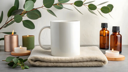 White mug mockup on towel with candles and eucalyptus
