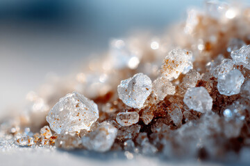 Macro shot of sugar crystals shining with light