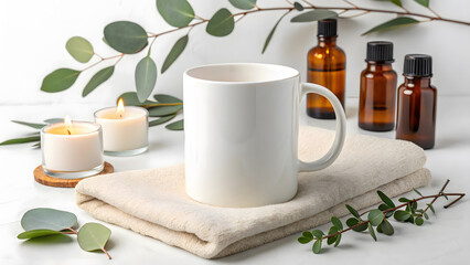 White mug mockup with candles and essential oil bottles