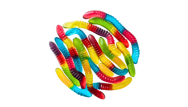 Colorful gummy worms candy on transparent background