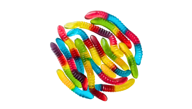 Colorful gummy worms candy on transparent background