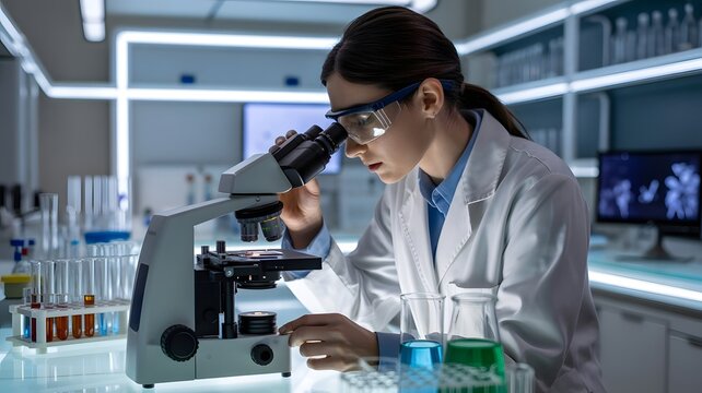 Scientist examining samples through microscope in high-tech laboratory, wearing protective eyewear, symbolizing scientific research, biotechnology, medical innovation, and laboratory analysis