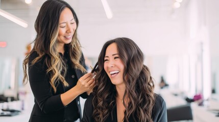 A beautifull woman is getting her hair cut by professional stylist hairdresser , smiling and laughing in the beauty salon.

