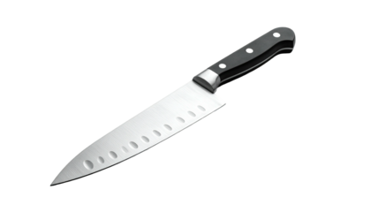 Shiny metal chef knife angled upward, dark handle