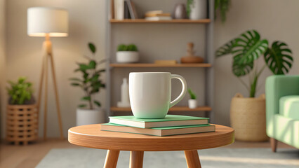 White mug on green books on wooden table in bright living room