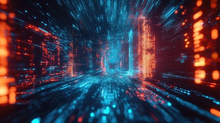 Digital data stream passing through abstract cyberspace tunnel