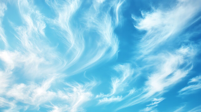 A vibrant, light blue sky, dotted with wispy, feathery white clouds in a delicate, flowing arrangement, clear, bright colors, natural light