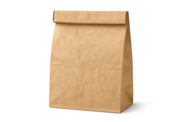 Brown craft paper bag for takeout food or lunch, folded closed, standing upright on transparent background