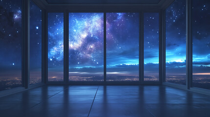 A large window is visible from a room. A magical night sky. A breathtaking night view seen through the window.