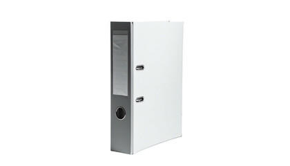 Standing white document binder, filing style, angled to the left