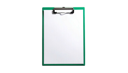 Green clipboard holds a blank white sheet on black backdrop
