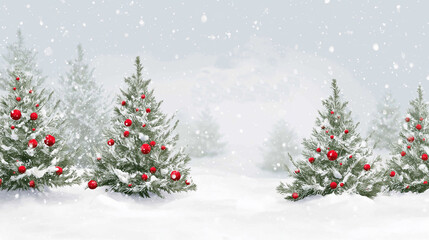 Snowy winter landscape features evergreen trees adorned with bright red ornaments, creating a festive Christmas atmosphere.