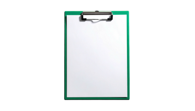 Green clipboard holds a blank white sheet on black backdrop