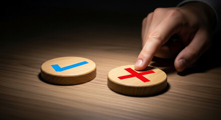 Making a hard decision choosing between a red X and a blue checkmark on a wooden surface, symbolizing a critical choice or assessment