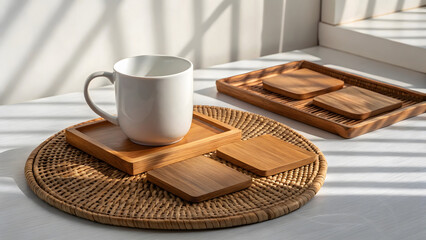 White mug on wooden coasters and rattan placemat drink