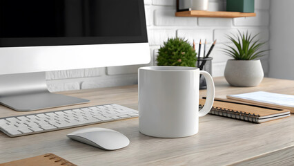 White mug on wooden desk with computer and plants image