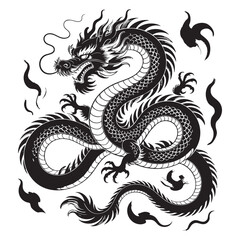 Fototapeta premium Black and white illustration of a coiled dragon with swirling elements chinese dragon