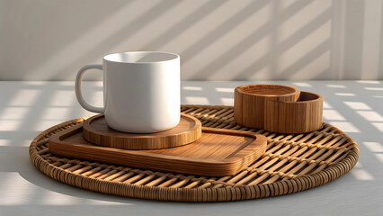 White mug on wooden coasters and tray mockup coffee