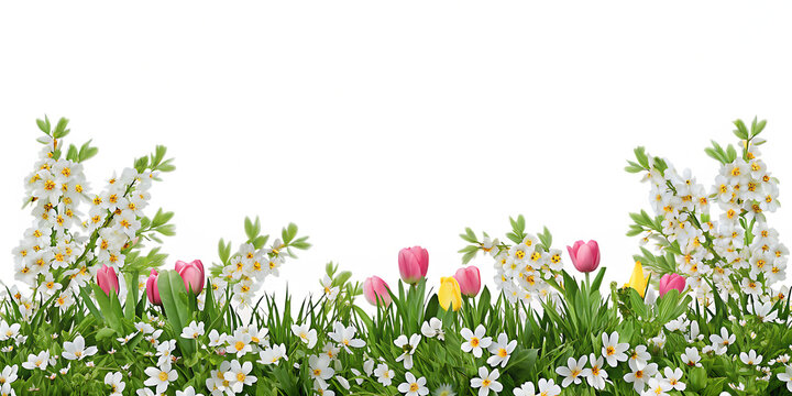 Spring floral border with tulips and white flowers on white background graphic design isolated on a transparent background