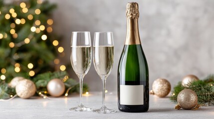 A bottle of champagne is on a table next to two wine glasses