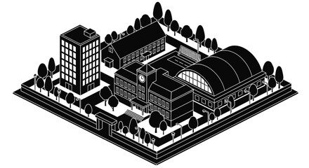 Isometric school campus building architecture black and white design