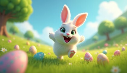 Fototapeta premium Happy Easter illustration. Cute bunny runs on grass with colored eggs. Joyful rabbit enjoy spring holiday. Design for banner, cards, decoration. Celebration theme, vibrant colors in nature.